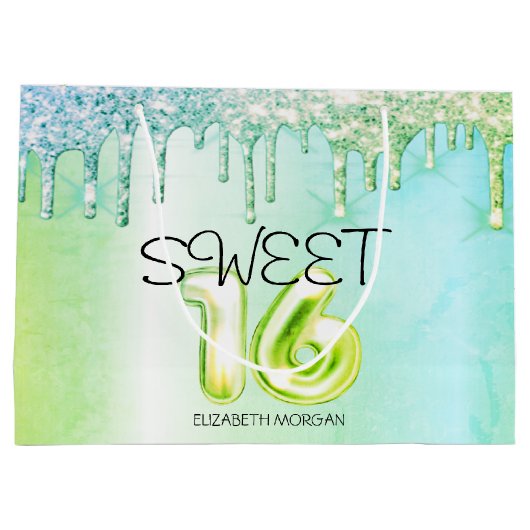 グリッターエレガントグリーンドリップスグリーンスウィート16 ラージペーパーバッグ (裏面)