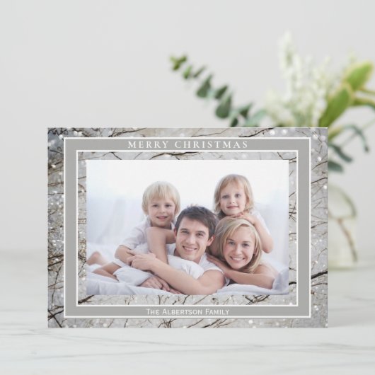 グリッターエレガントグレイ大理石フォトメリークリスマス シーズンカード (スタンド正面)