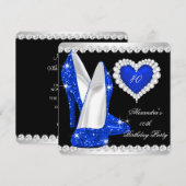 グリッターエレガントコバルトブルーハートシューズ誕生日 招待状 (正面/裏面)