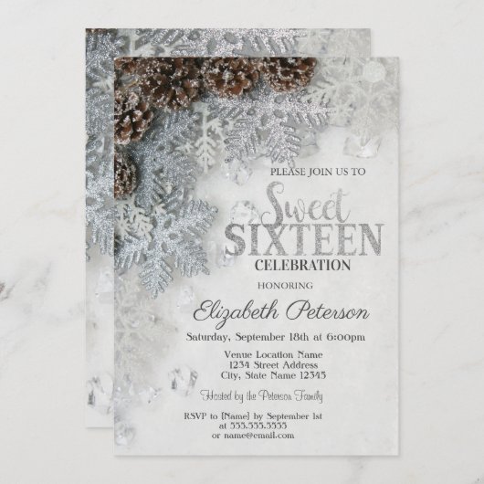 グリッターエレガントスノーフレークスパインコーン甘い16 招待状 (正面/裏面)