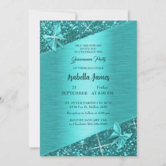 グリッターエレガントターコイズ箔スパークルバタフライ 招待状 (裏面)