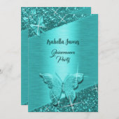 グリッターエレガントターコイズ箔スパークルバタフライ 招待状 (正面/裏面)