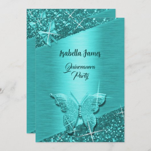 グリッターエレガントターコイズ箔スパークルバタフライ 招待状 (正面/裏面)
