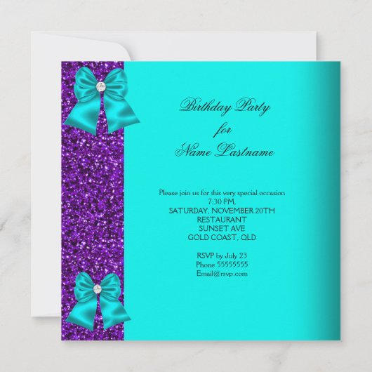 グリッターエレガントティール（緑がかった色）パープルダイアモンド誕生日 招待状