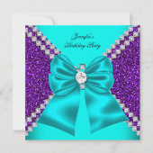 グリッターエレガントティール（緑がかった色）パープルダイアモンド誕生日 招待状 (正面)