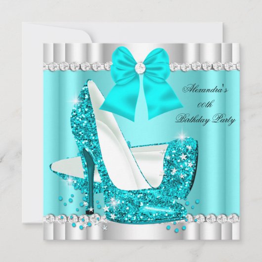 グリッターエレガントティール（緑がかった色）ブルーグラマーハイヒールシルバー 招待状 (正面)