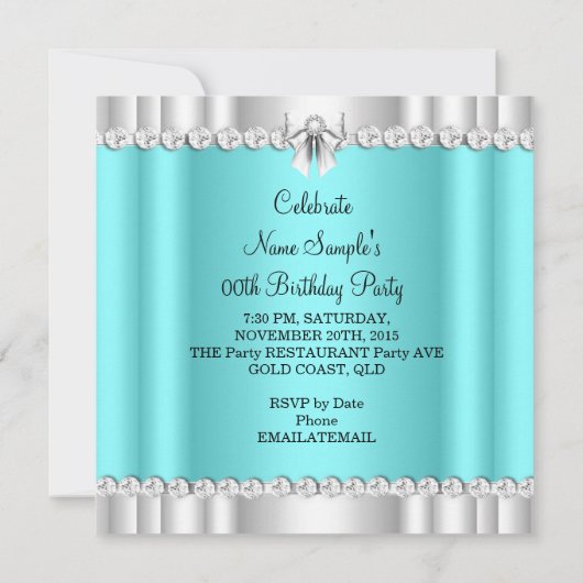 グリッターエレガントティール（緑がかった色）ブルーグラモールハイハイハイハイヒール銀 招待状 (裏面)