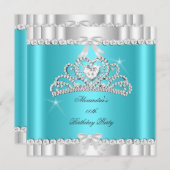 グリッターエレガントティール（緑がかった色）ブルーシルバーティアラハート 招待状 (正面/裏面)