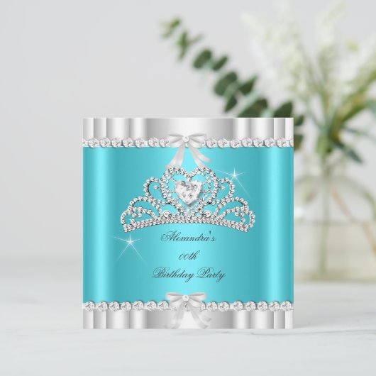 グリッターエレガントティール(緑がかった色)ブルーシルバーティアラハート 招待状 (スタンド正面)