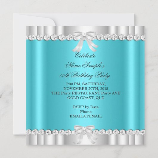 グリッターエレガントティール（緑がかった色）ブルーシルバーティアラハート 招待状 (裏面)