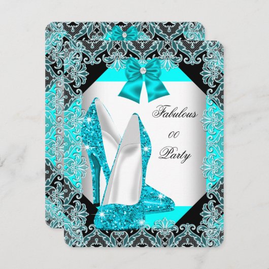 グリッターエレガントティール（緑がかった色）ブルースティレットファブラスパーティー 招待状 (正面/裏面)