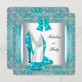 グリッターエレガントティール(緑がかった色)ブルースティレット誕生日パーティー 招待状 (正面/裏面)