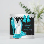 グリッターエレガントティール(緑がかった色)ブルーハイヒール誕生日 招待状 (スタンド正面)