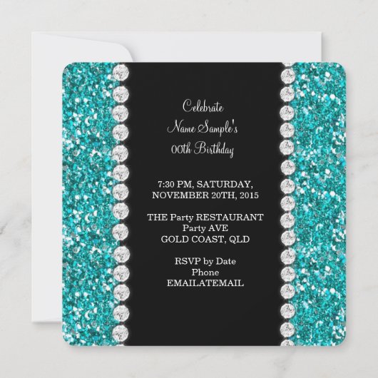 グリッターエレガントティール(緑がかった色)ブルーハートバースデーパーティー 招待状 (裏面)