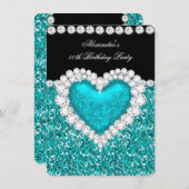 グリッターエレガントティール(緑がかった色)ブルーハート誕生日2 招待状 (正面/裏面)