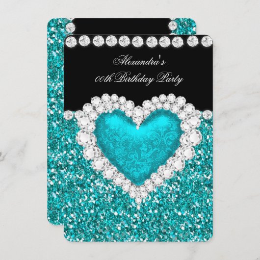 グリッターエレガントティール（緑がかった色）ブルーハート誕生日2 招待状 (正面/裏面)