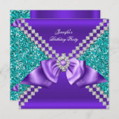 グリッターエレガントティール（緑がかった色）ブルーパープルダイヤモンド誕生日 招待状 (正面/裏面)