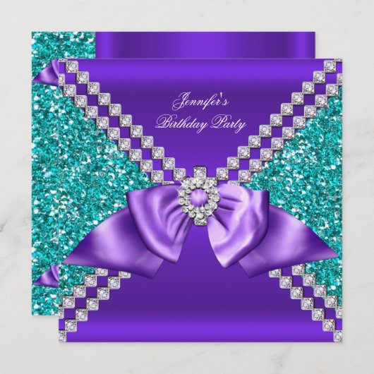 グリッターエレガントティール（緑がかった色）ブルーパープルダイヤモンド誕生日 招待状 (正面/裏面)
