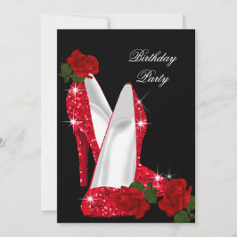 グリッターエレガントハイヒールレッドローズブラック誕生日 招待状