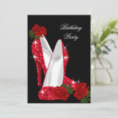 グリッターエレガントハイヒールレッドローズブラック誕生日 招待状 (スタンド正面)