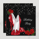 グリッターエレガントハイヒールレッドローズ誕生日3 招待状 (正面/裏面)