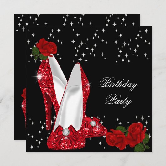 グリッターエレガントハイヒールレッドローズ誕生日3 招待状 (正面/裏面)