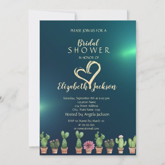 グリッターエレガントハートサボスグリーンブライダルシャワー 招待状 (正面)