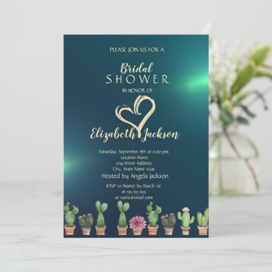 グリッターエレガントハートサボスグリーンブライダルシャワー 招待状 (スタンド正面)