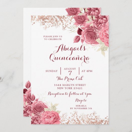 グリッターエレガントバラ金ゴールドフローラキンセアニラ 招待状 (正面/裏面)