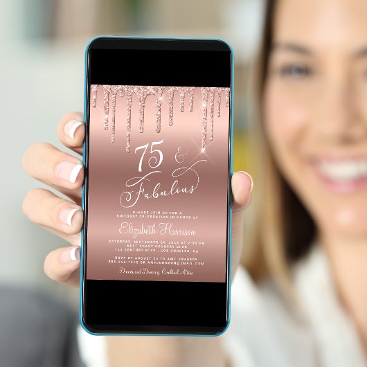 グリッターエレガントバラ金ゴールド75th誕生日パーティー 招待状