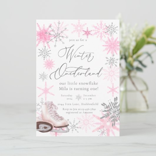 グリッターエレガントピンクオーネダーランドファースト誕生日 招待状 (スタンド正面)