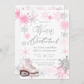 グリッターエレガントピンクオーネダーランドファースト誕生日 招待状 (正面/裏面)