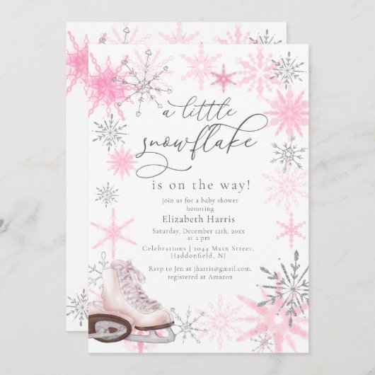 グリッターエレガントピンクリトルスノーフレーク赤ちゃんシャワー 招待状 (正面/裏面)