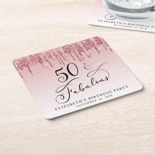 グリッターエレガントピンクローズ金ゴールド50th誕生日パーティー スクエアペーパーコースター (アングル)