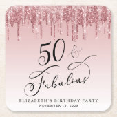 グリッターエレガントピンクローズ金ゴールド50th誕生日パーティー スクエアペーパーコースター (正面)
