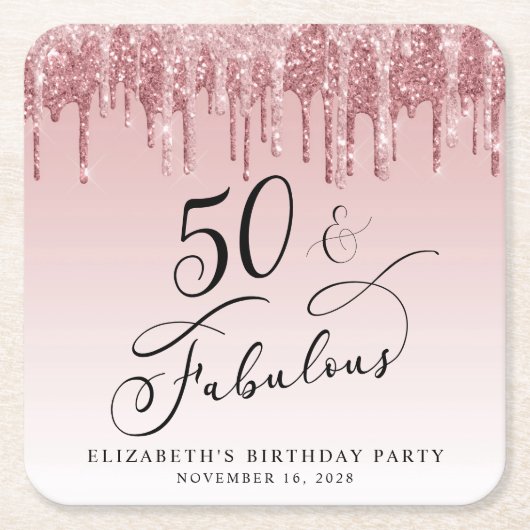 グリッターエレガントピンクローズ金ゴールド50th誕生日パーティー スクエアペーパーコースター (正面)