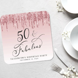 グリッターエレガントピンクローズ金ゴールド50th誕生日パーティー スクエアペーパーコースター