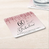 グリッターエレガントピンクローズ金ゴールド60th誕生日パーティー スクエアペーパーコースター (アングル)
