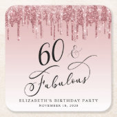 グリッターエレガントピンクローズ金ゴールド60th誕生日パーティー スクエアペーパーコースター (正面)