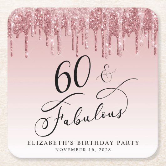 グリッターエレガントピンクローズ金ゴールド60th誕生日パーティー スクエアペーパーコースター (正面)