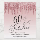 グリッターエレガントピンク60th誕生日パーティー ワインラベル (シングルラベル)