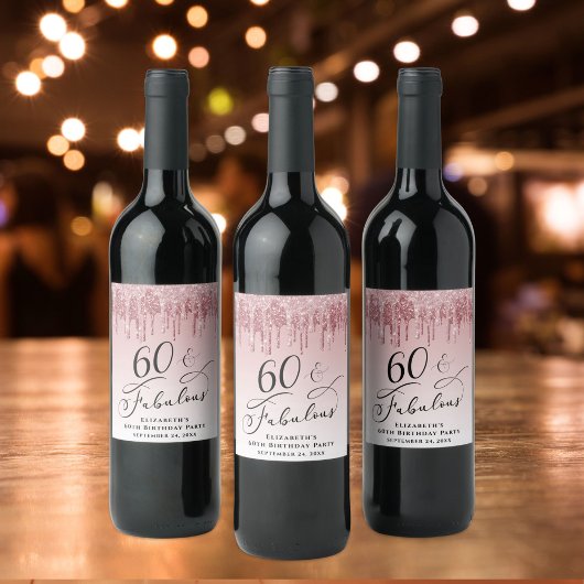 グリッターエレガントピンク60th誕生日パーティー ワインラベル