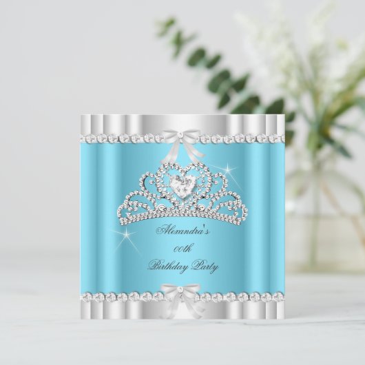 グリッターエレガントブルーグラモールシルバーティアラハート 招待状 (スタンド正面)