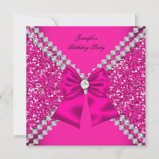 グリッターエレガントホットピンクダイヤモンドバースデーパーティー 招待状 (正面)