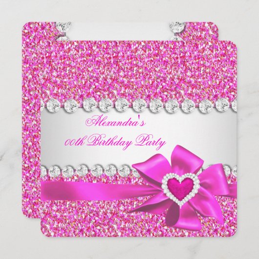 グリッターエレガントホットピンクハートボウバースデーパーティー 招待状 (正面/裏面)