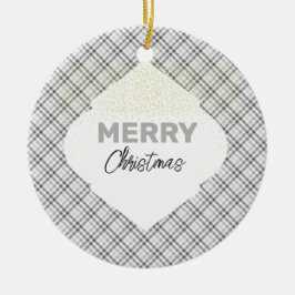 グリッターエレガントメリークリスマスプレイドグレーホワイト セラミックオーナメント
