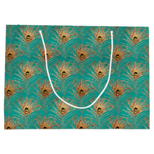 グリッターエレガント孔雀の羽のパターン ラージペーパーバッグ (裏面)