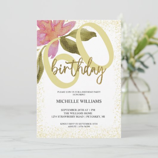 グリッターエレガント金ゴールドウォーター色フローラシック 招待状 (スタンド正面)