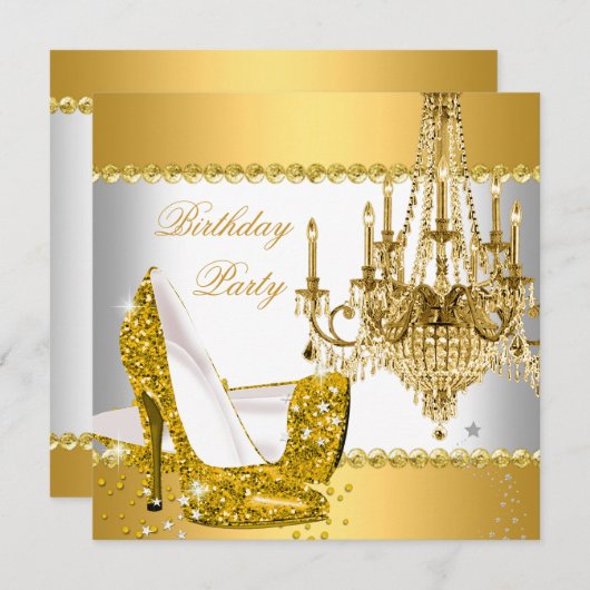 グリッターエレガント金ゴールドグラモールシャンデリアパーティー 招待状 (正面/裏面)
