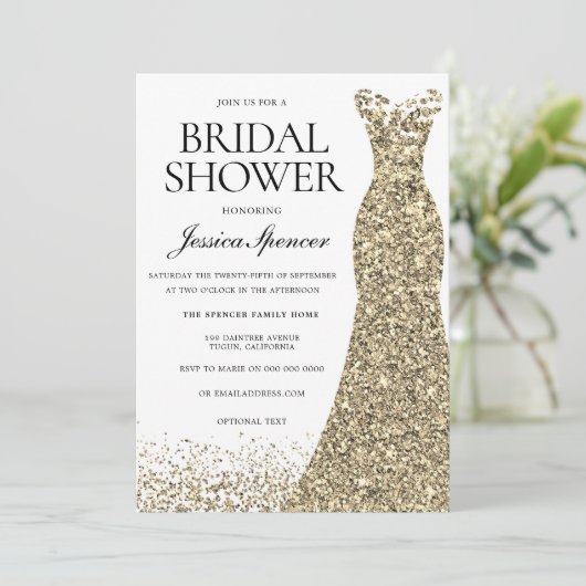 グリッターエレガント金ゴールドドレスブライダルシャワー招待状 招待状 (スタンド正面)
